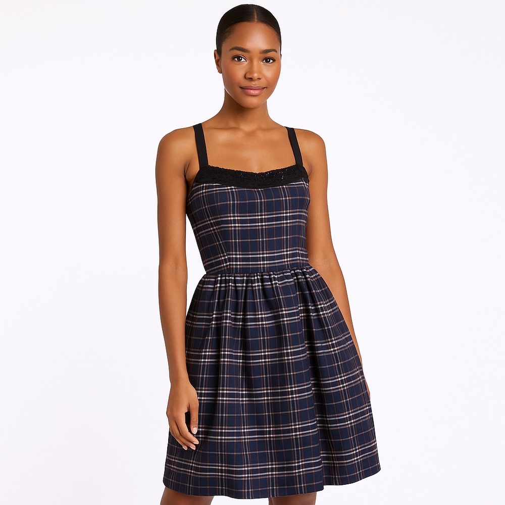 Kensie Pretty Plaid Cross Strap Beaded Neck Mini Dress NWT Women’s Size Medium